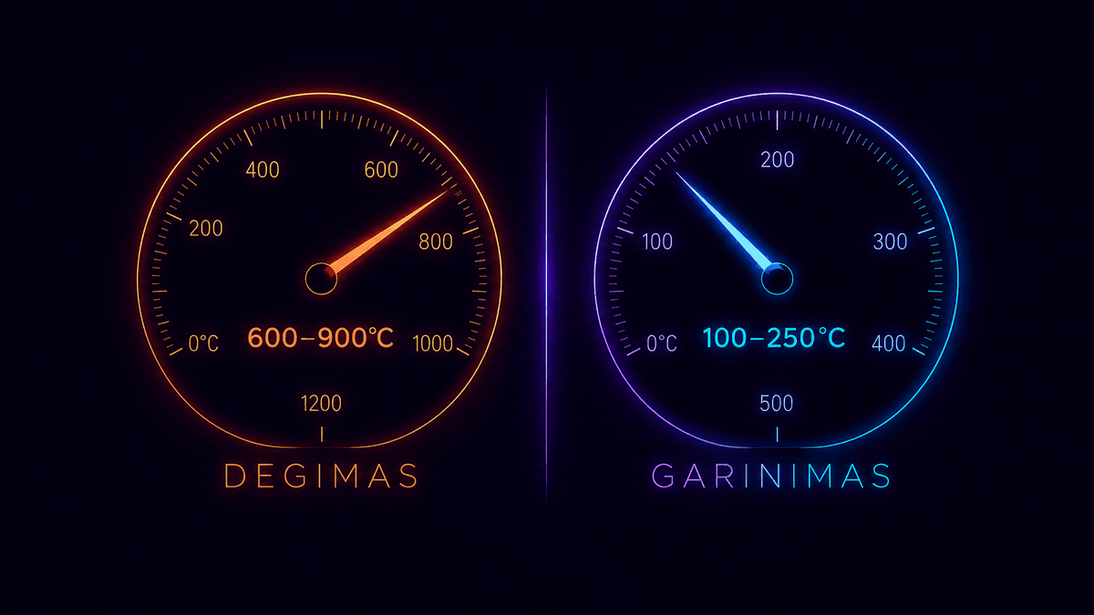 Degimas vs garinimas — temperatūros matuokliai rodo skirtumą tarp cigaretės (800°C) ir vape įrenginio (200°C) garų
